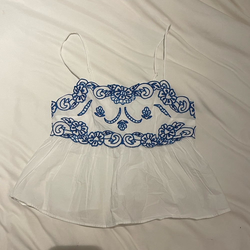 H&M White Camisole with Blue Embroidery